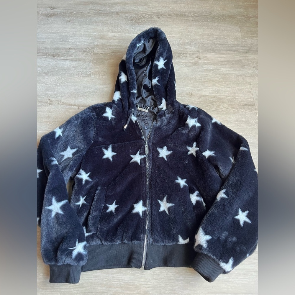 JOU JOU black White Super Star Faux Fur Hoodie Jacket SZ S